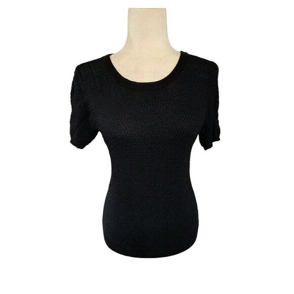 zara knit womens black blue Crew Neck short sleeve sweater top medium - Picture 1 of 3